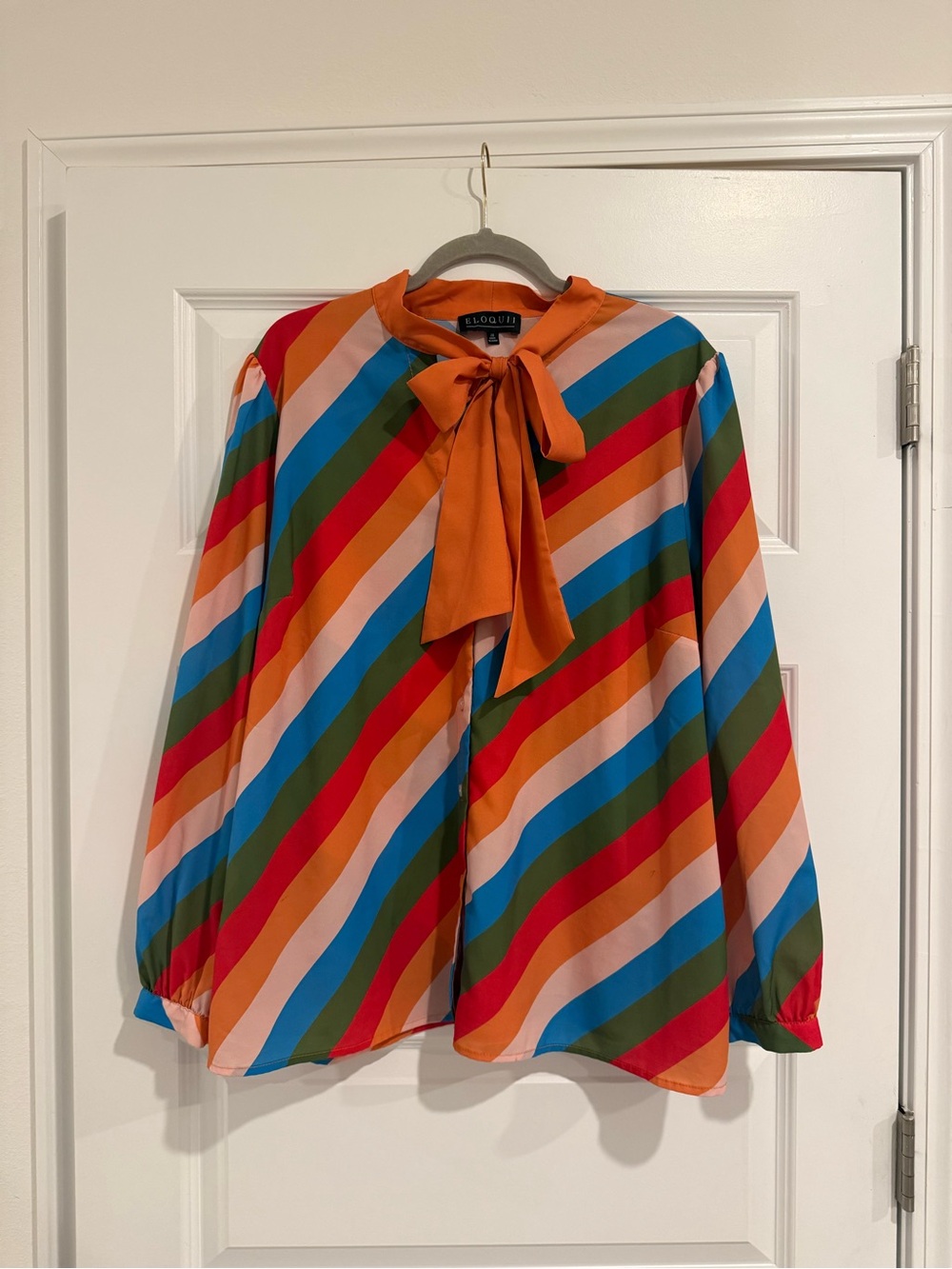 Eloquii Multicolor Diagonal Stripe Bow Plus Size Blouse